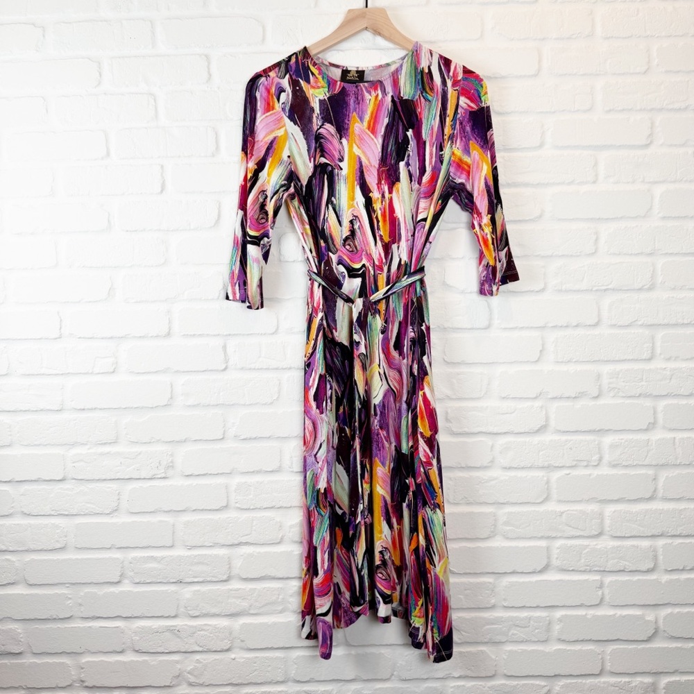 Daniella Faye Bold Abstract Tie Waist Dress MultiColor 3/4 sleeve pockets Large
